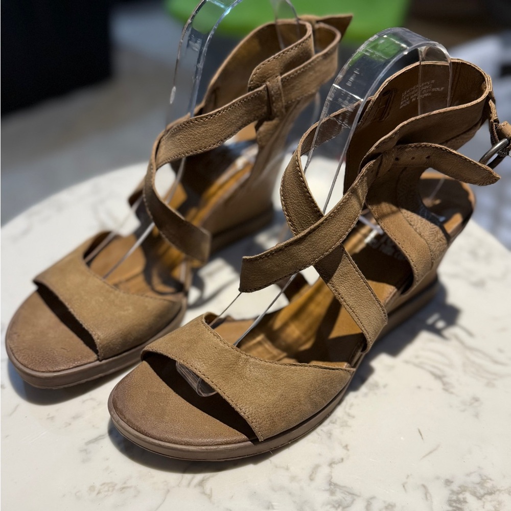 Miz Mooz Tan Strappy Wedge Sandals